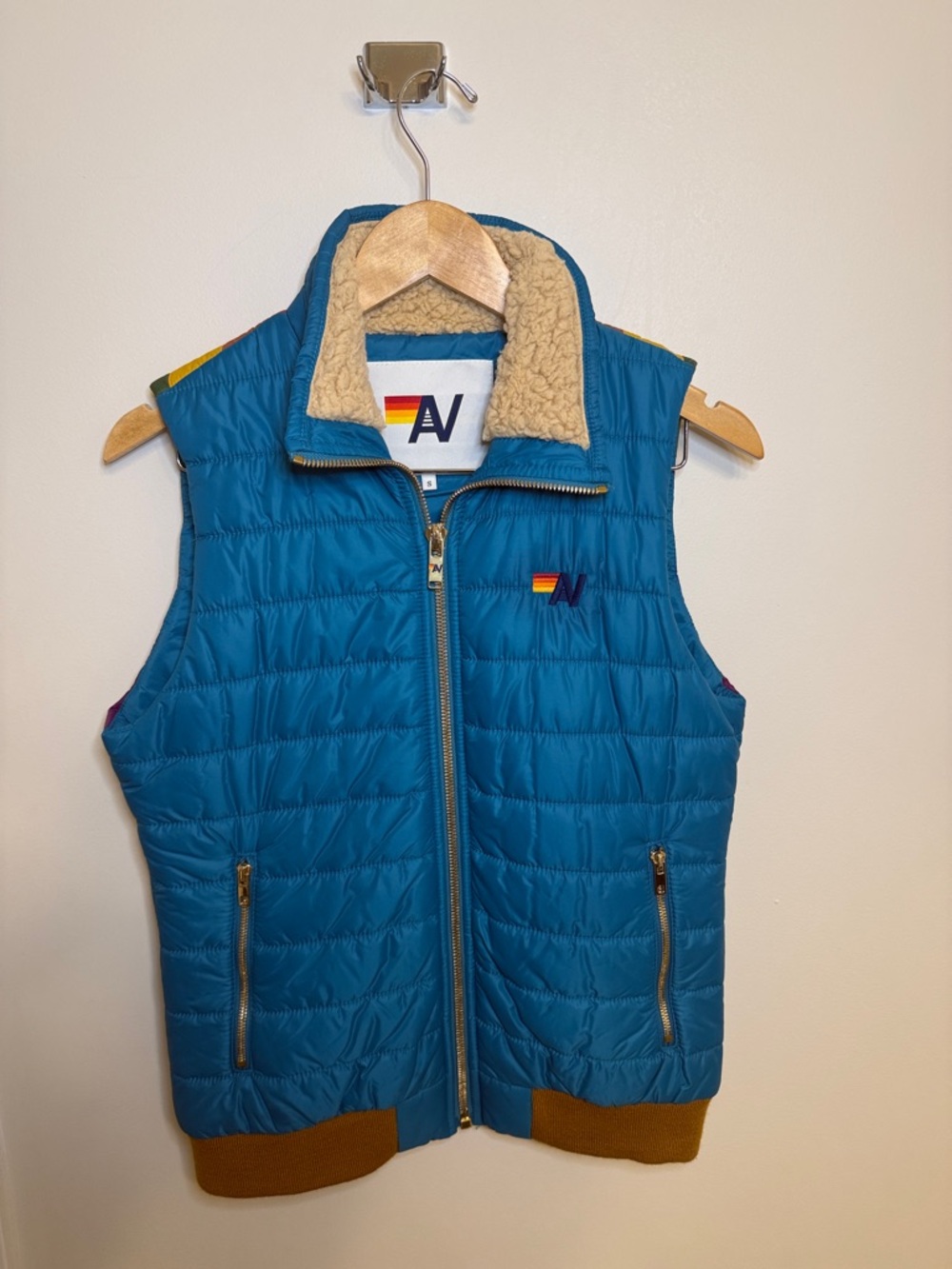 Aviator Nation Teal Quilted Sherpa-Lined Vest with Mustard Trim - Picture 1 of 4